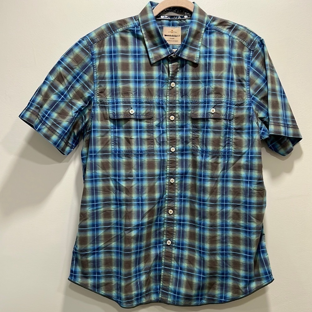 TOMMY Bahama Button Down Blue and Brown Short Sleeve Plaid Shirt size large